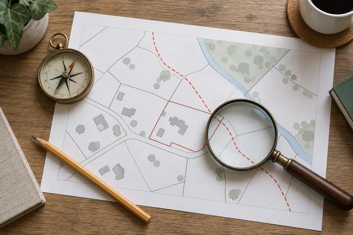 Generic property plan and route line being reviewed with a magnifying glass