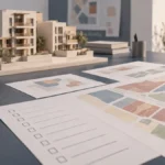 Architectural model beside plans and a checklist for Turkey building licence checks