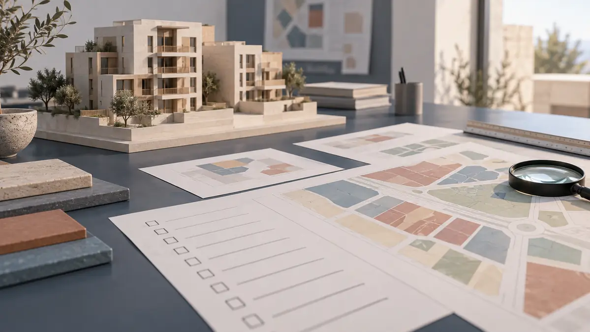Architectural model beside plans and a checklist for Turkey building licence checks