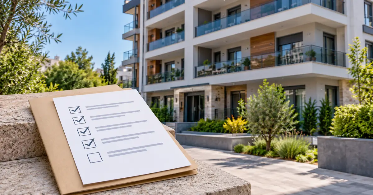 Modern apartment building and checklist for Turkey condominium common expenses