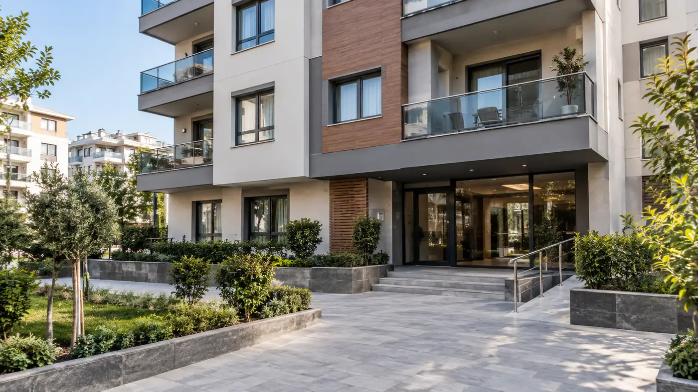 Modern apartment building exterior for a Turkey condominium management plan review