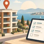 Illustration showing how buyers verify property address in Turkey with a map pin and checklist
