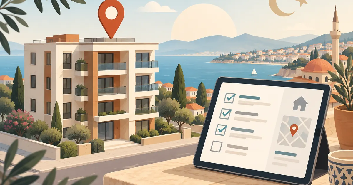 Illustration showing how buyers verify property address in Turkey with a map pin and checklist