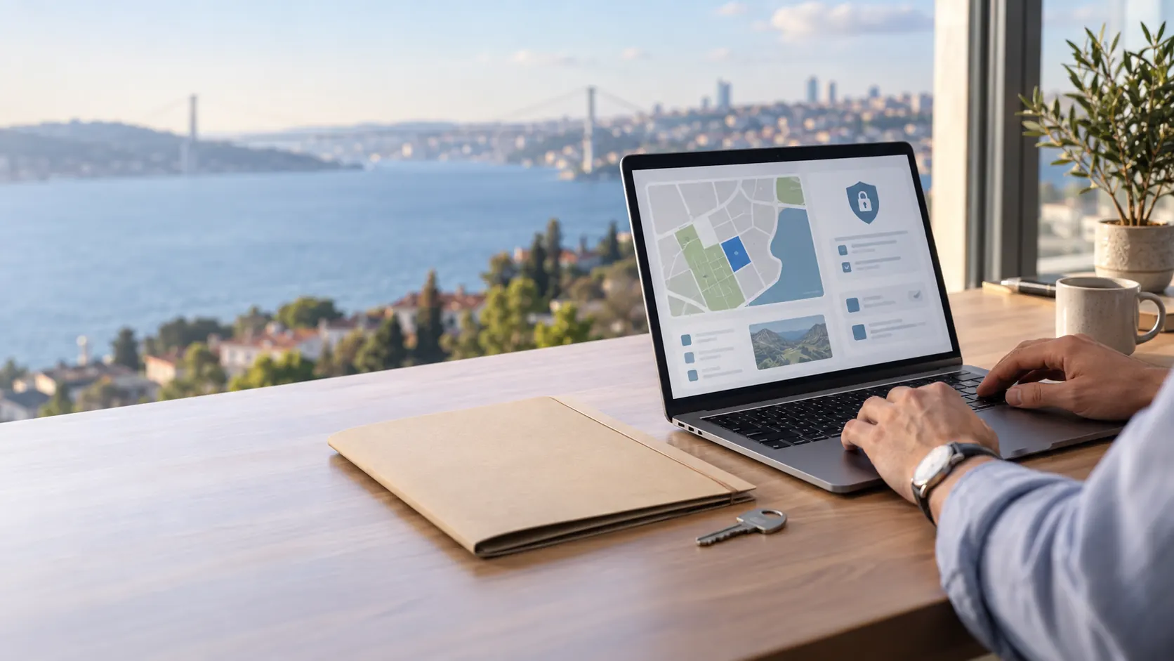 Buyer using a laptop with a generic secure property records dashboard in Turkey