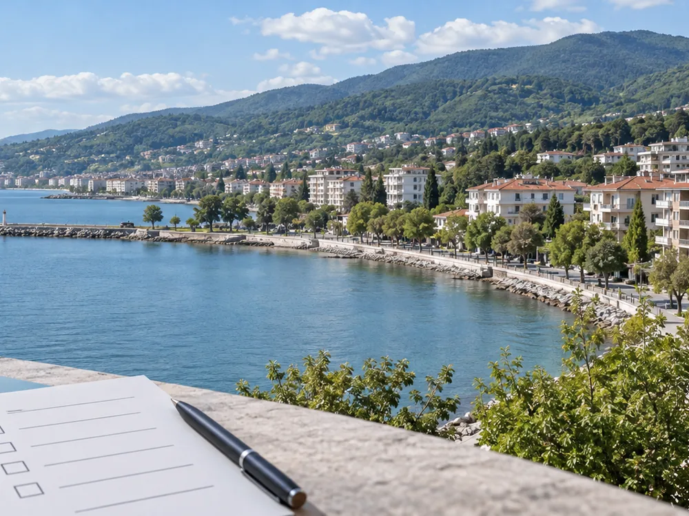 Yalova property search guide checklist beside a coastal city illustration