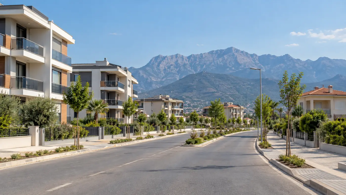 Modern low-rise homes along a landscaped road in Antalya