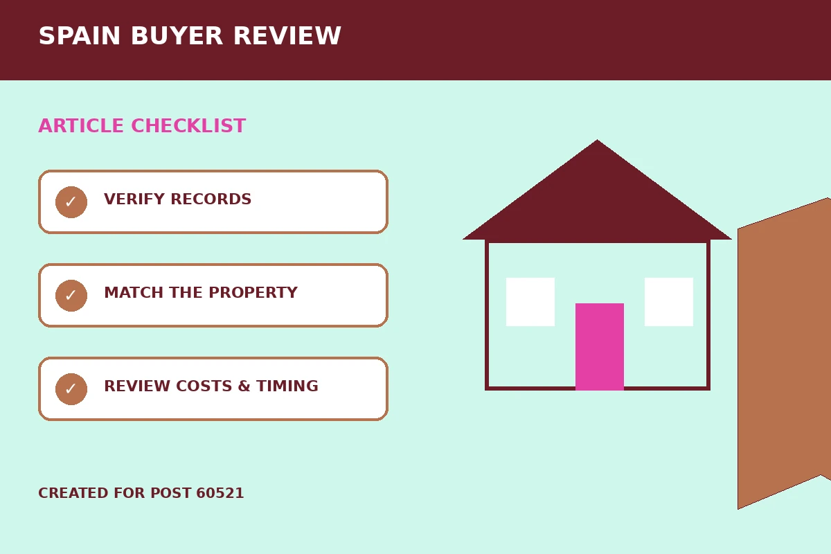 Custom editorial illustration for Dénia and Calpe Property Search: Buyer Checks, showing a property map and location marker