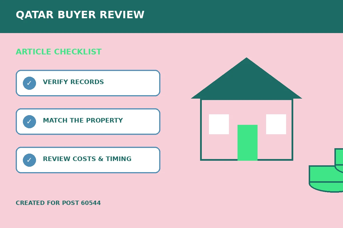 Custom editorial illustration for Mortgage Contract Reviews Before Buying Qatar Property, showing property finance records