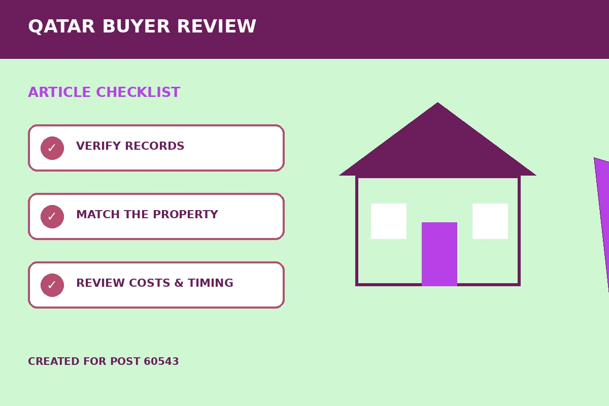 Custom editorial illustration for Property Insurance Reviews Before Buying a Home in Qatar, showing a protected home and insurance checklist
