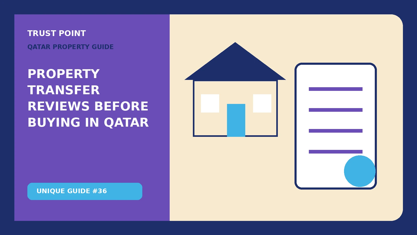 Custom editorial illustration for Property Transfer Reviews Before Buying in Qatar, showing a property document and verification checklist