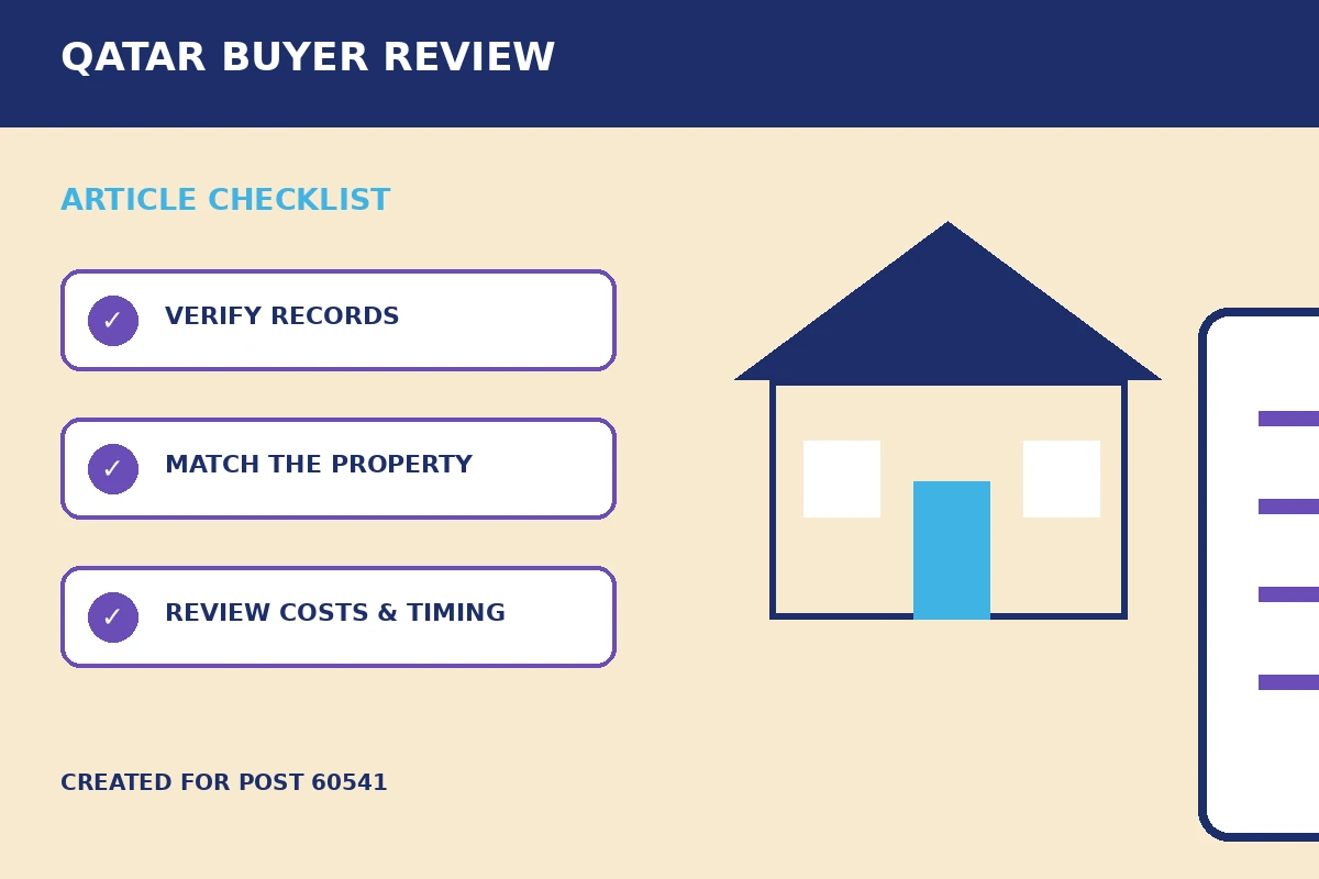 Custom editorial illustration for Property Transfer Reviews Before Buying in Qatar, showing a property document and verification checklist