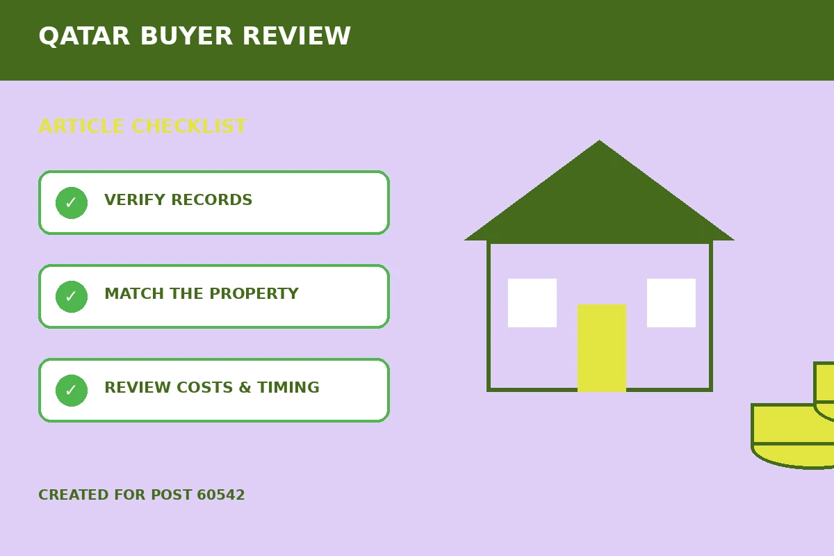 Custom editorial illustration for Property Valuation Reviews Before Buying in Qatar, showing property finance records