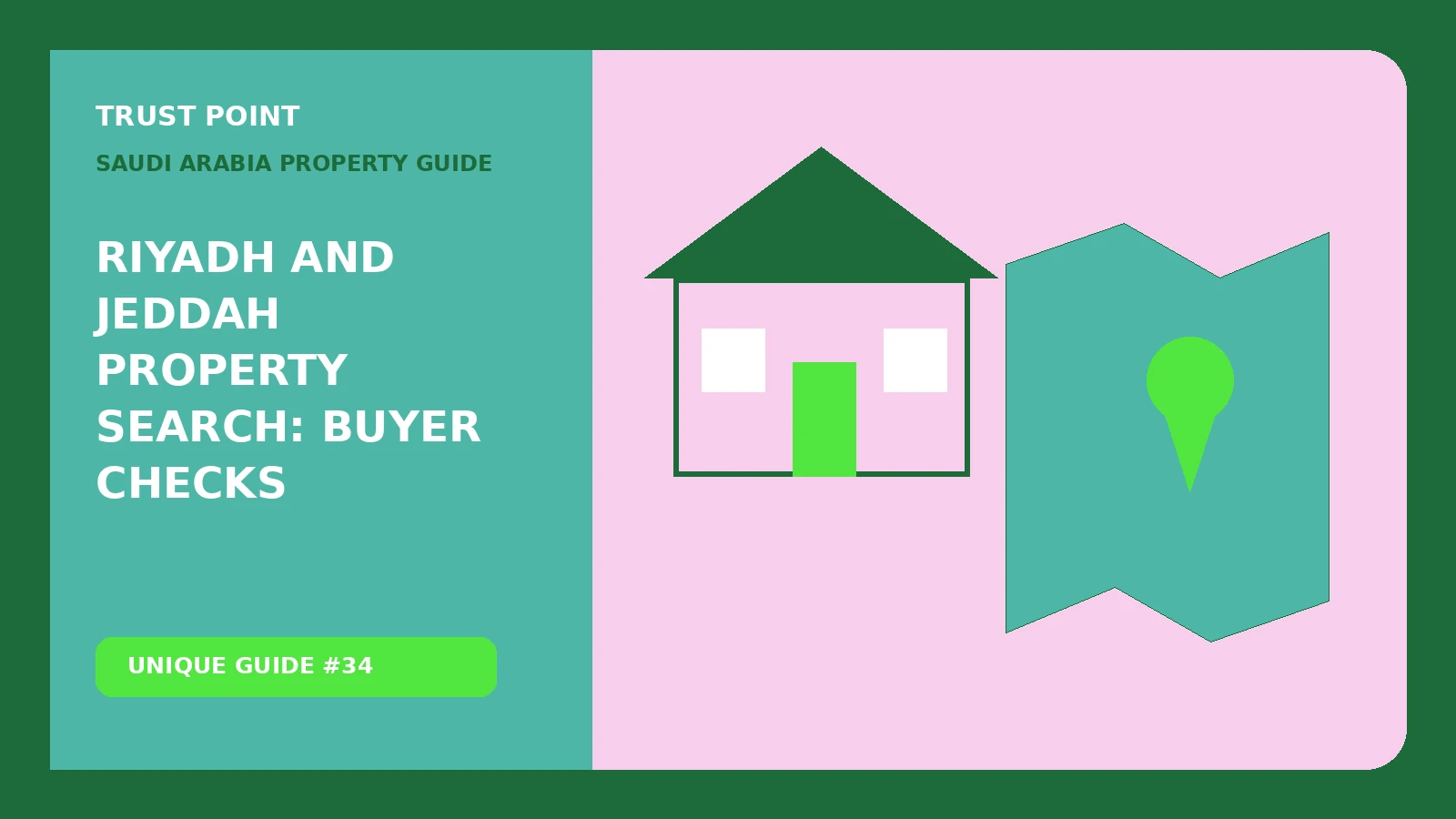 Custom editorial illustration for Riyadh and Jeddah Property Search: Buyer Checks, showing a property map and location marker