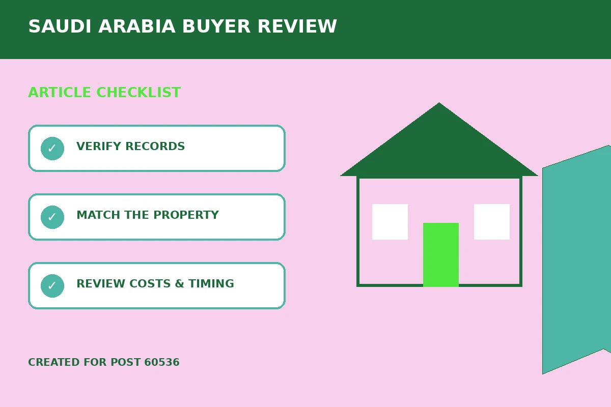 Custom editorial illustration for Riyadh and Jeddah Property Search: Buyer Checks, showing a property map and location marker