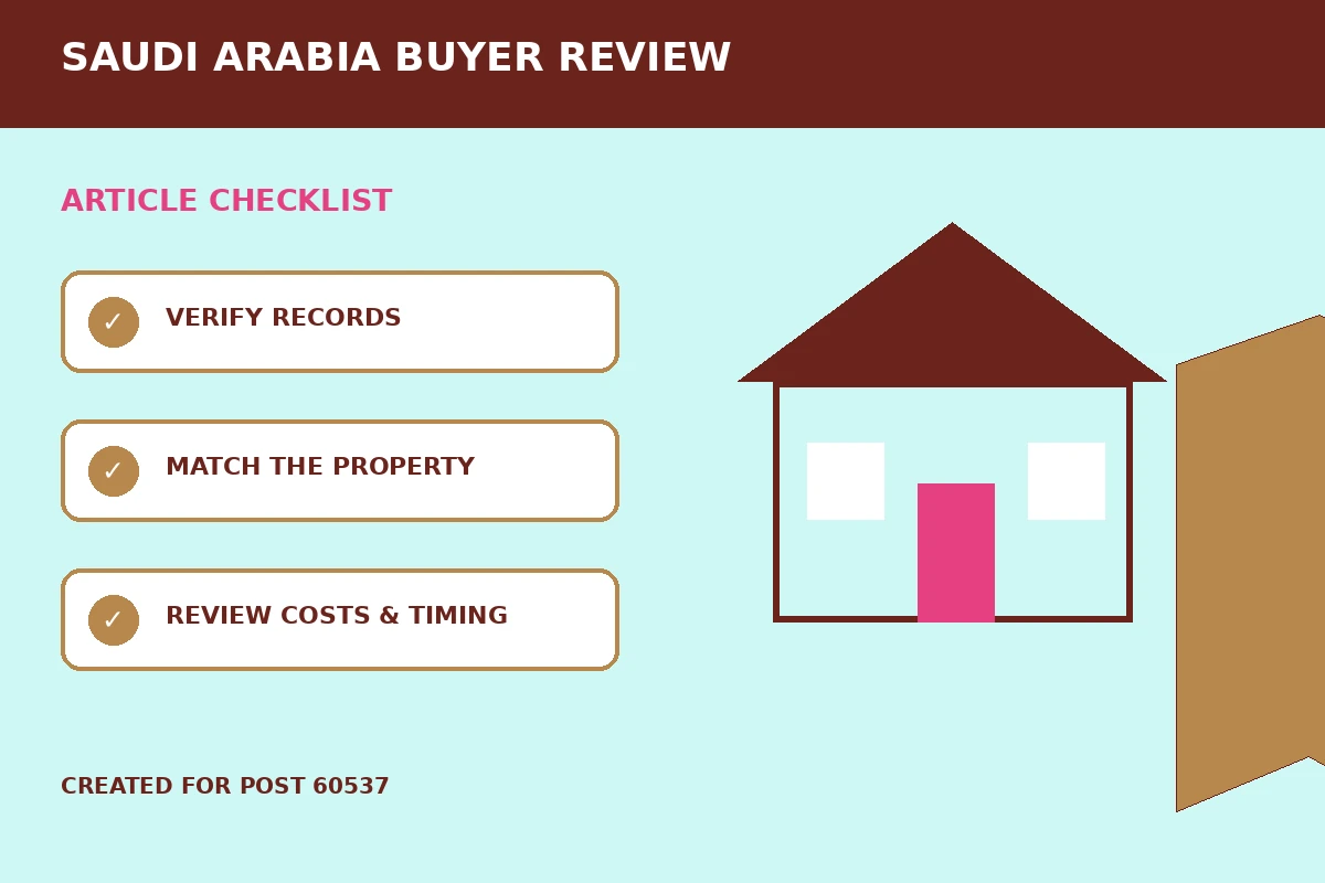 Custom editorial illustration for Riyadh and Sedra Property Search: Buyer Checks, showing a property map and location marker