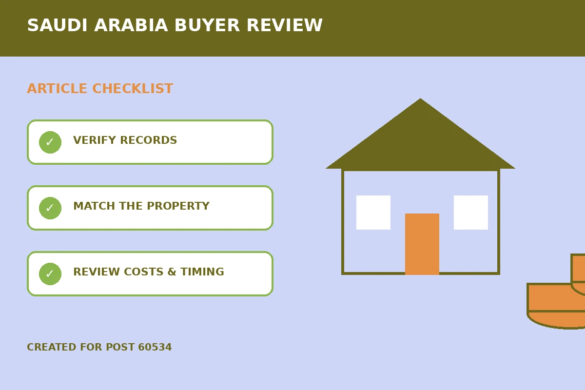 Custom editorial illustration for Mortgage Contract Reviews Before Buying Saudi Property, showing property finance records