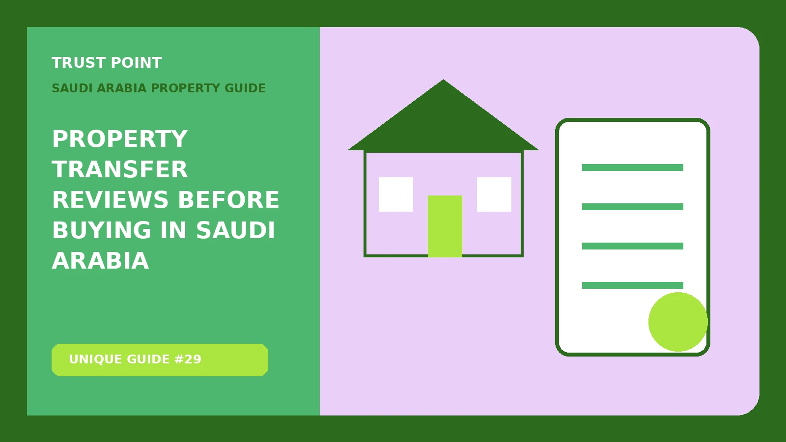 Custom editorial illustration for Property Transfer Reviews Before Buying in Saudi Arabia, showing a property document and verification checklist