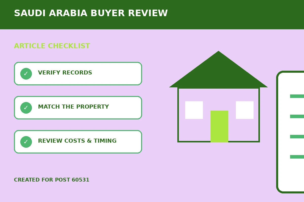 Custom editorial illustration for Property Transfer Reviews Before Buying in Saudi Arabia, showing a property document and verification checklist