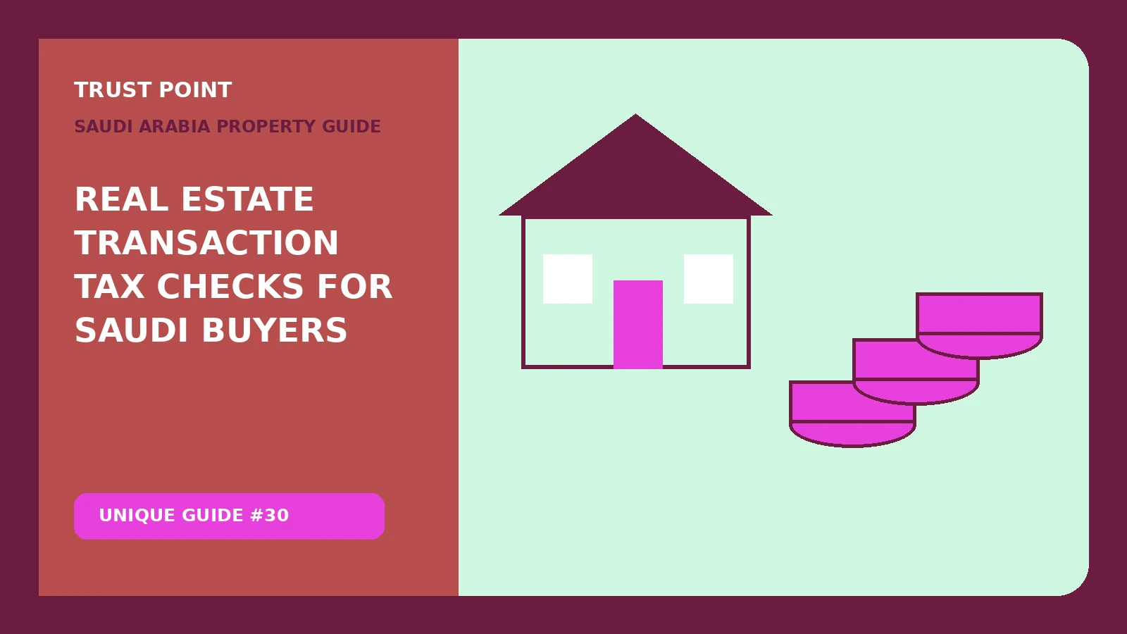 Custom editorial illustration for Real Estate Transaction Tax Checks for Saudi Buyers, showing property finance records