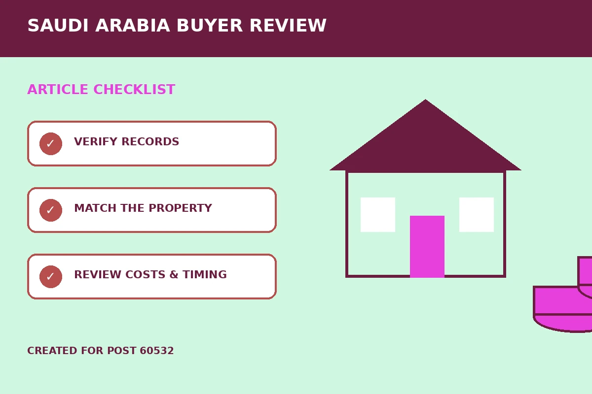 Custom editorial illustration for Real Estate Transaction Tax Checks for Saudi Buyers, showing property finance records