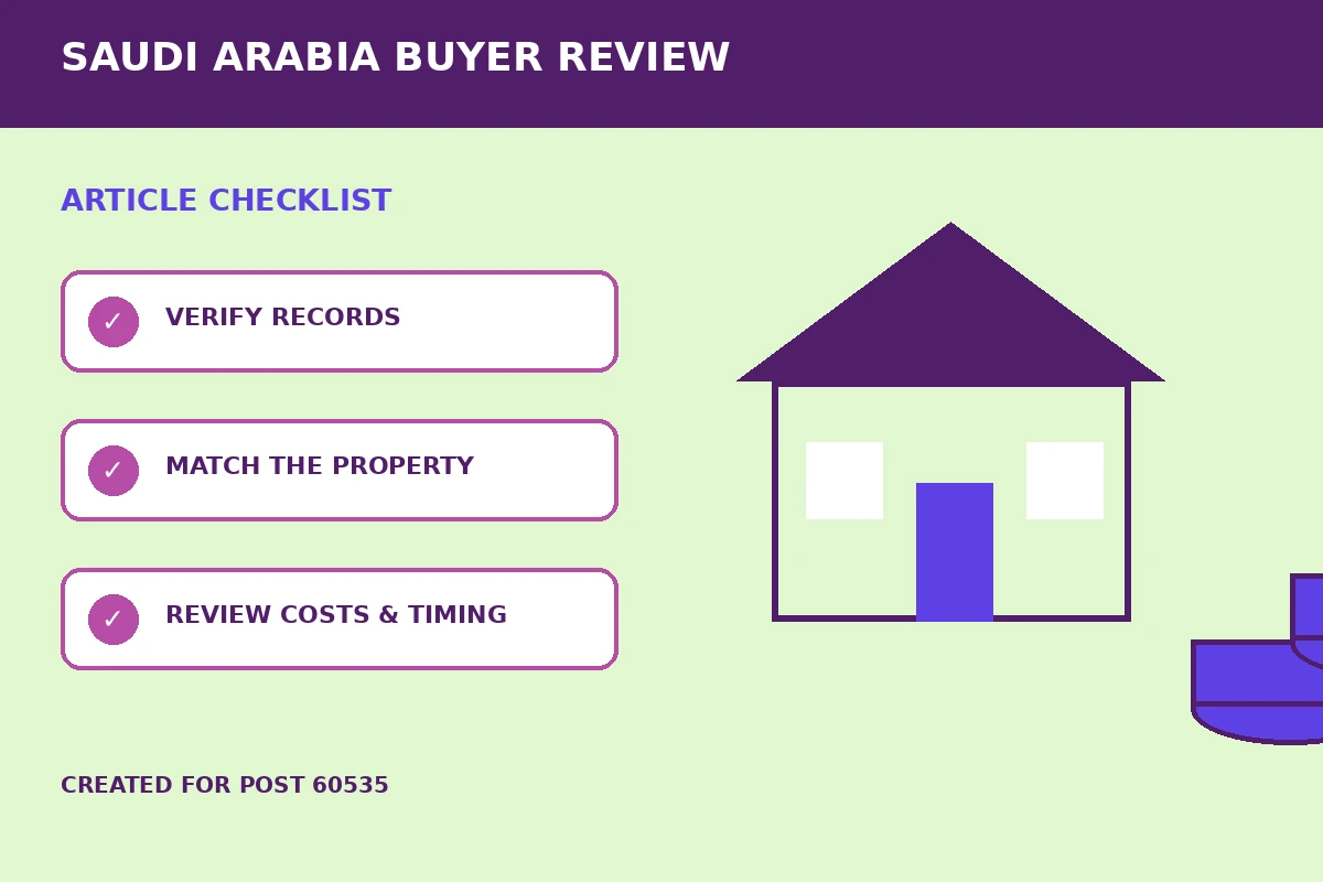 Custom editorial illustration for Reservation Agreement Reviews Before Buying Saudi Property, showing property finance records