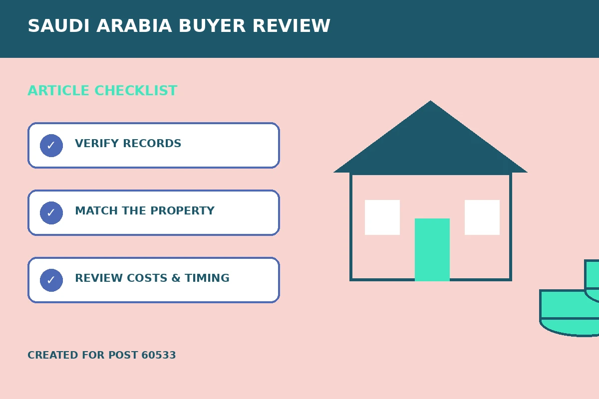 Custom editorial illustration for VAT Checks for Property Transactions in Saudi Arabia, showing property finance records
