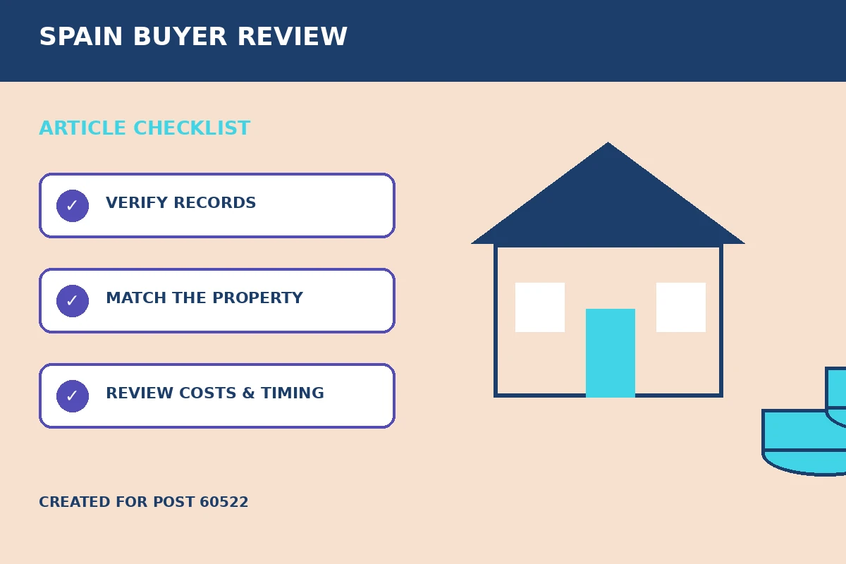 Custom editorial illustration for Bank Payment Verification Before Buying Property in Spain, showing property finance records