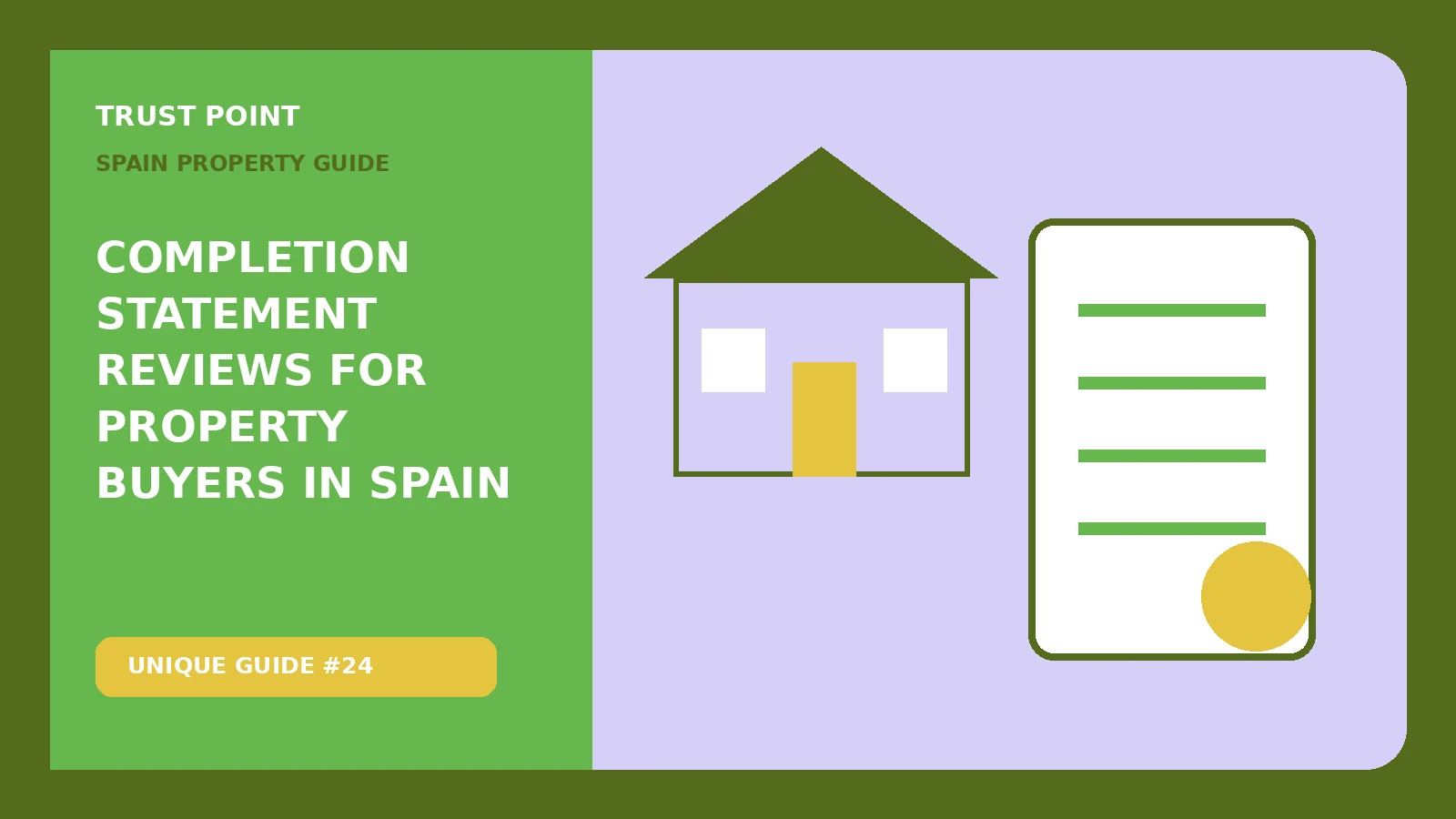 Custom editorial illustration for Completion Statement Reviews for Property Buyers in Spain, showing a property document and verification checklist
