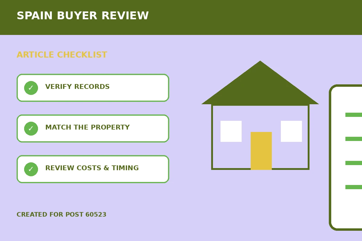 Custom editorial illustration for Completion Statement Reviews for Property Buyers in Spain, showing a property document and verification checklist