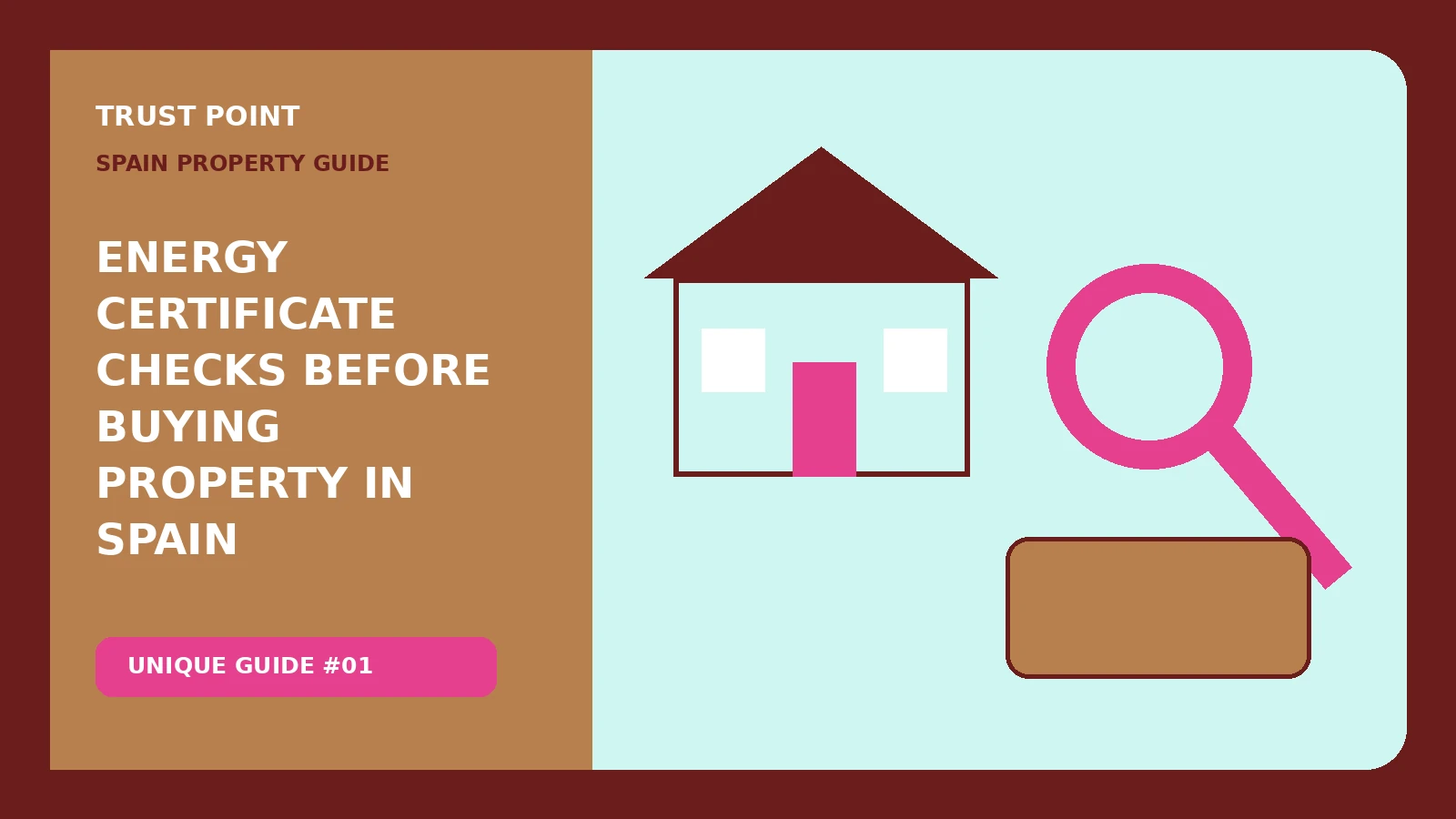 Custom editorial illustration for Energy Certificate Checks Before Buying Property in Spain, showing a home inspection and review checklist