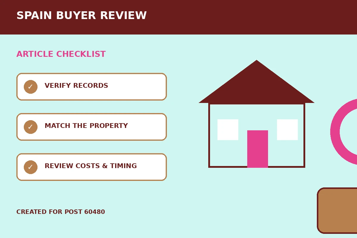 Custom editorial illustration for Energy Certificate Checks Before Buying Property in Spain, showing a home inspection and review checklist