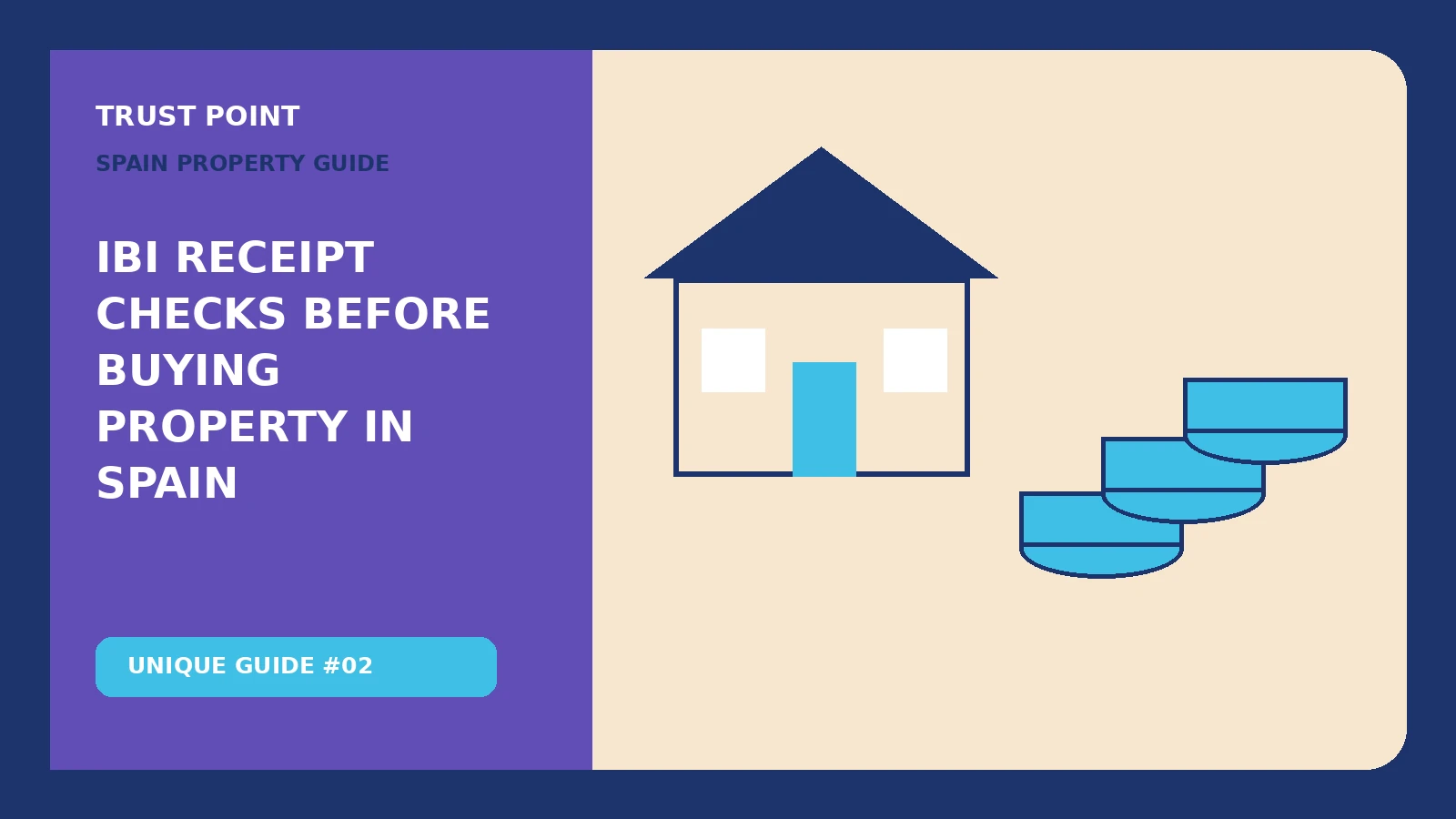Custom editorial illustration for IBI Receipt Checks Before Buying Property in Spain, showing property finance records