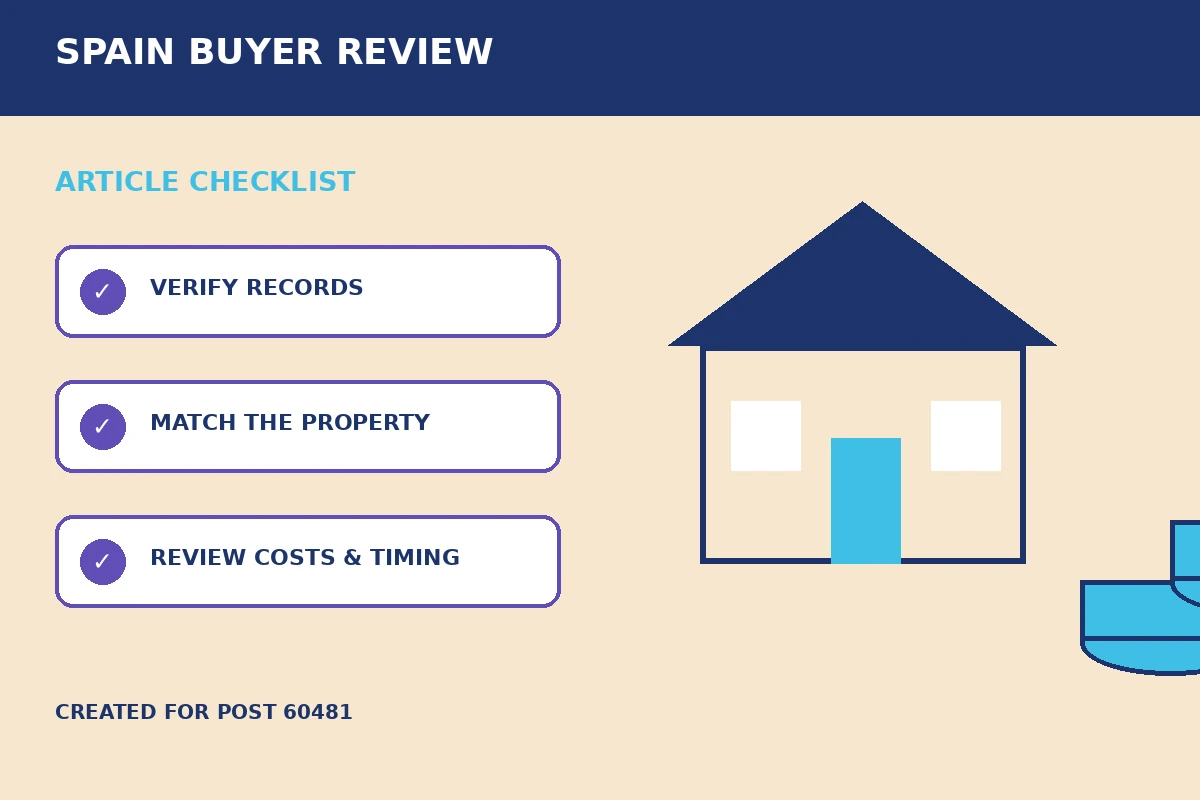 Custom editorial illustration for IBI Receipt Checks Before Buying Property in Spain, showing property finance records