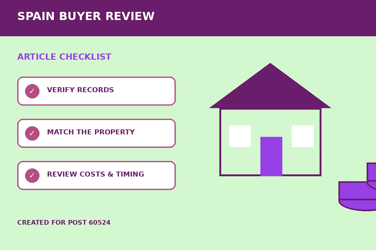Custom editorial illustration for Mortgage Offer Reviews Before Buying Property in Spain, showing property finance records