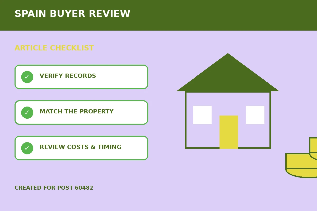 Custom editorial illustration for Mortgage Valuation Checks Before Buying Property in Spain, showing property finance records