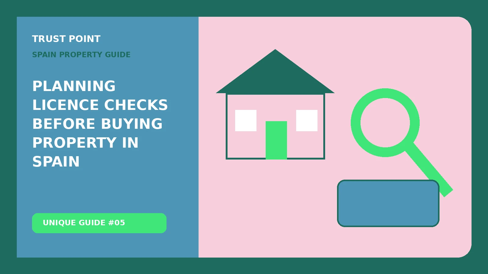 Custom editorial illustration for Planning Licence Checks Before Buying Property in Spain, showing a home inspection and review checklist