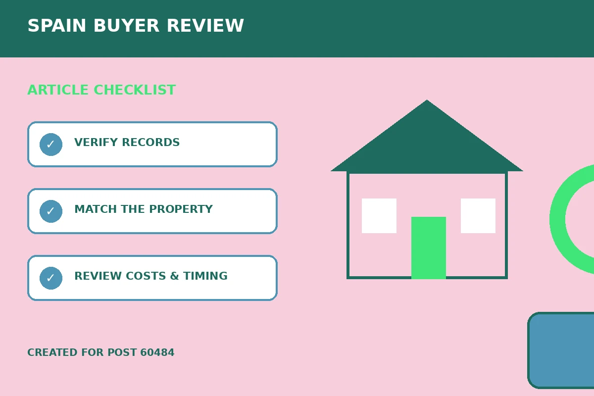 Custom editorial illustration for Planning Licence Checks Before Buying Property in Spain, showing a home inspection and review checklist