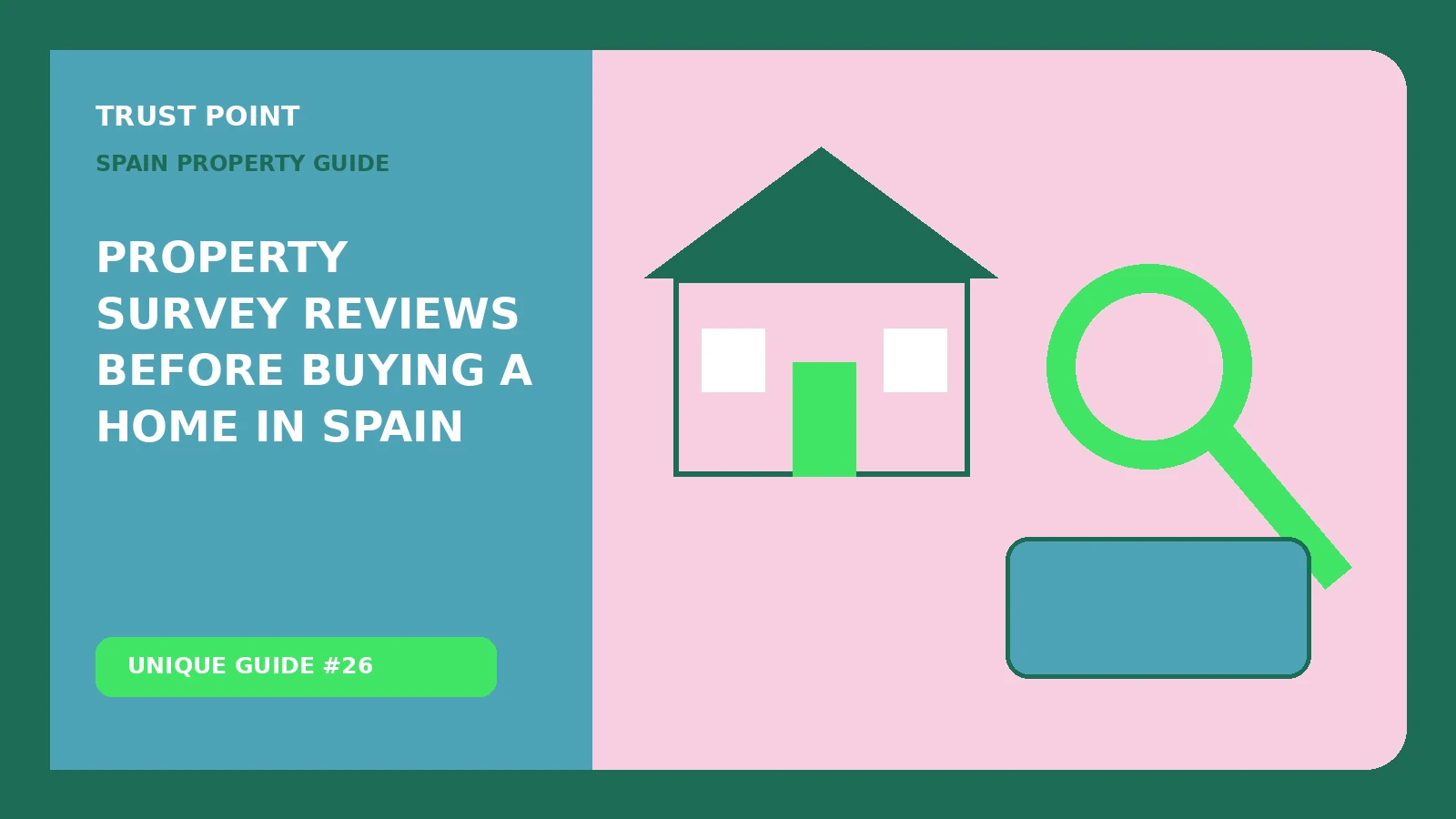 Custom editorial illustration for Property Survey Reviews Before Buying a Home in Spain, showing a home inspection and review checklist