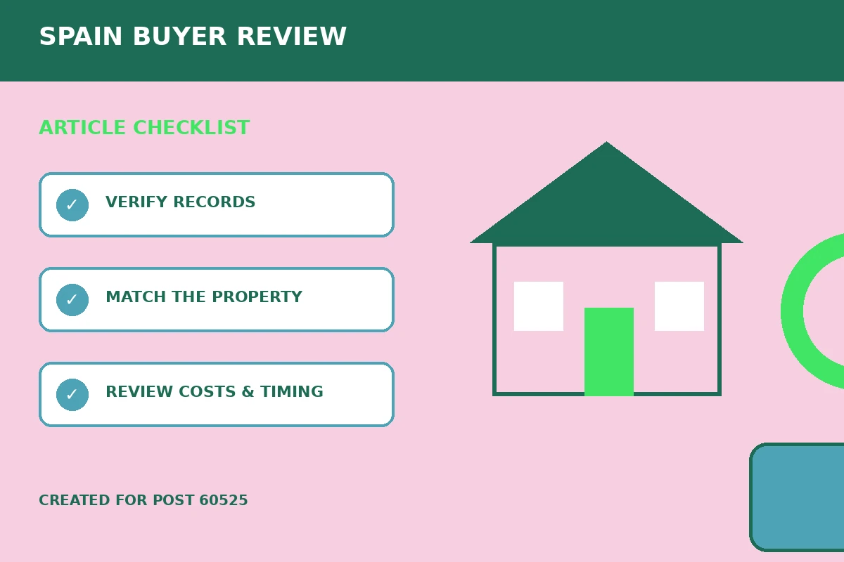 Custom editorial illustration for Property Survey Reviews Before Buying a Home in Spain, showing a home inspection and review checklist