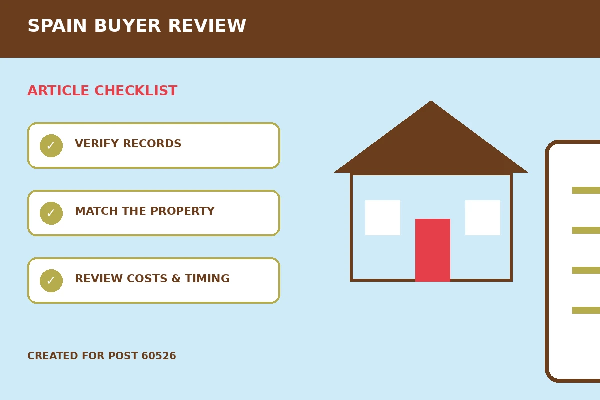 Custom editorial illustration for Seller Authority Checks Before Buying Property in Spain, showing a property document and verification checklist