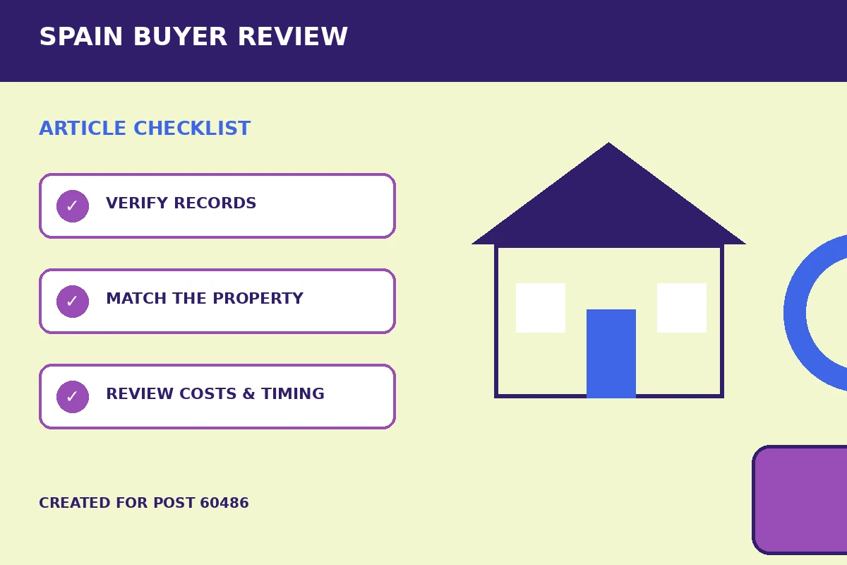 Custom editorial illustration for Utility Account Checks Before Buying Property in Spain, showing a home inspection and review checklist