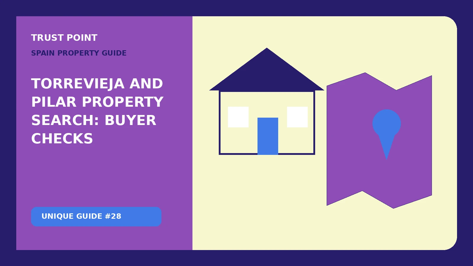 Custom editorial illustration for Torrevieja and Pilar Property Search: Buyer Checks, showing a property map and location marker
