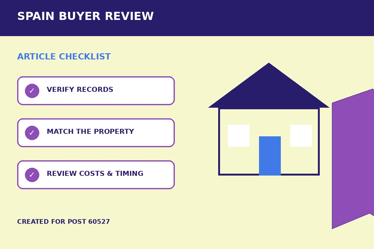 Custom editorial illustration for Torrevieja and Pilar Property Search: Buyer Checks, showing a property map and location marker