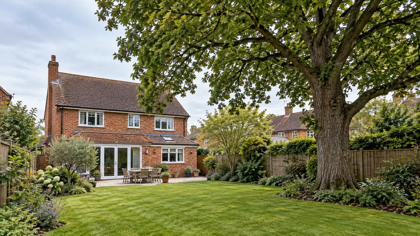 Mature broadleaf tree in the garden of an English home
