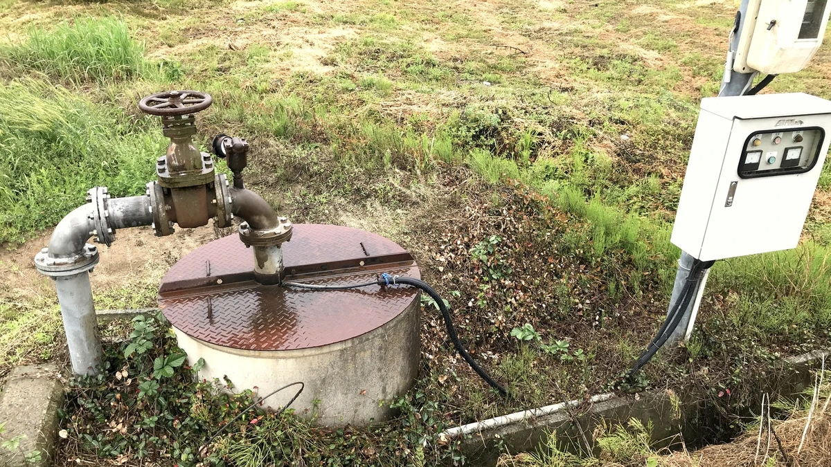 Private water-well pump with an electrical control box beside the wellhead