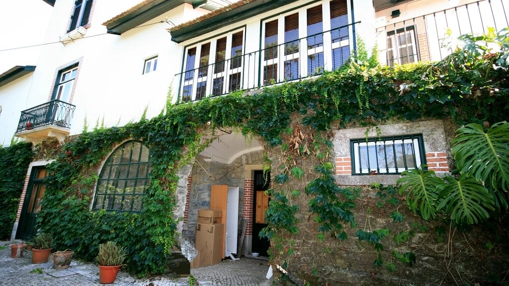 House and planted garden supported by a stone retaining wall