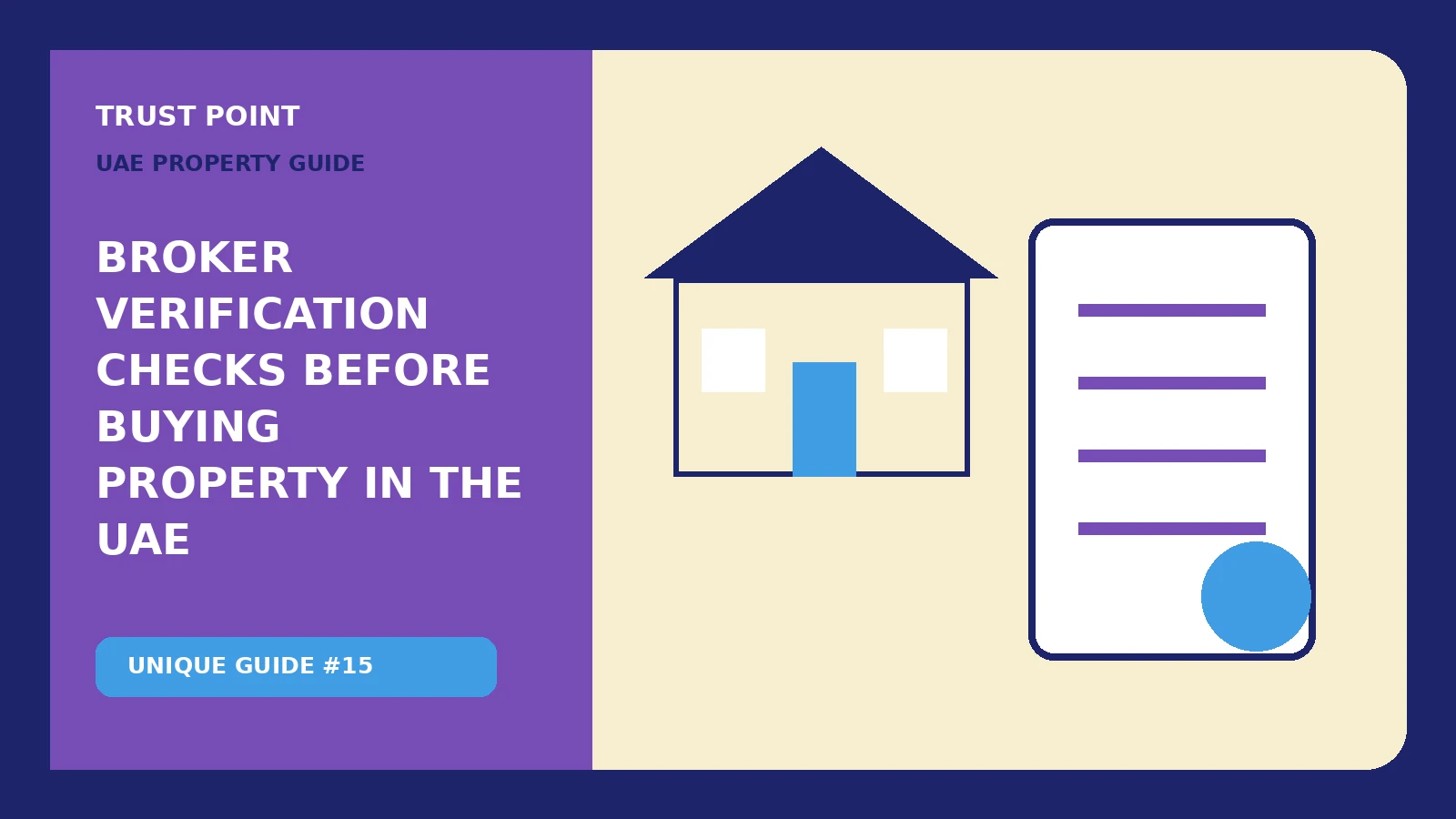 Custom editorial illustration for Broker Verification Checks Before Buying Property in the UAE, showing a property document and verification checklist