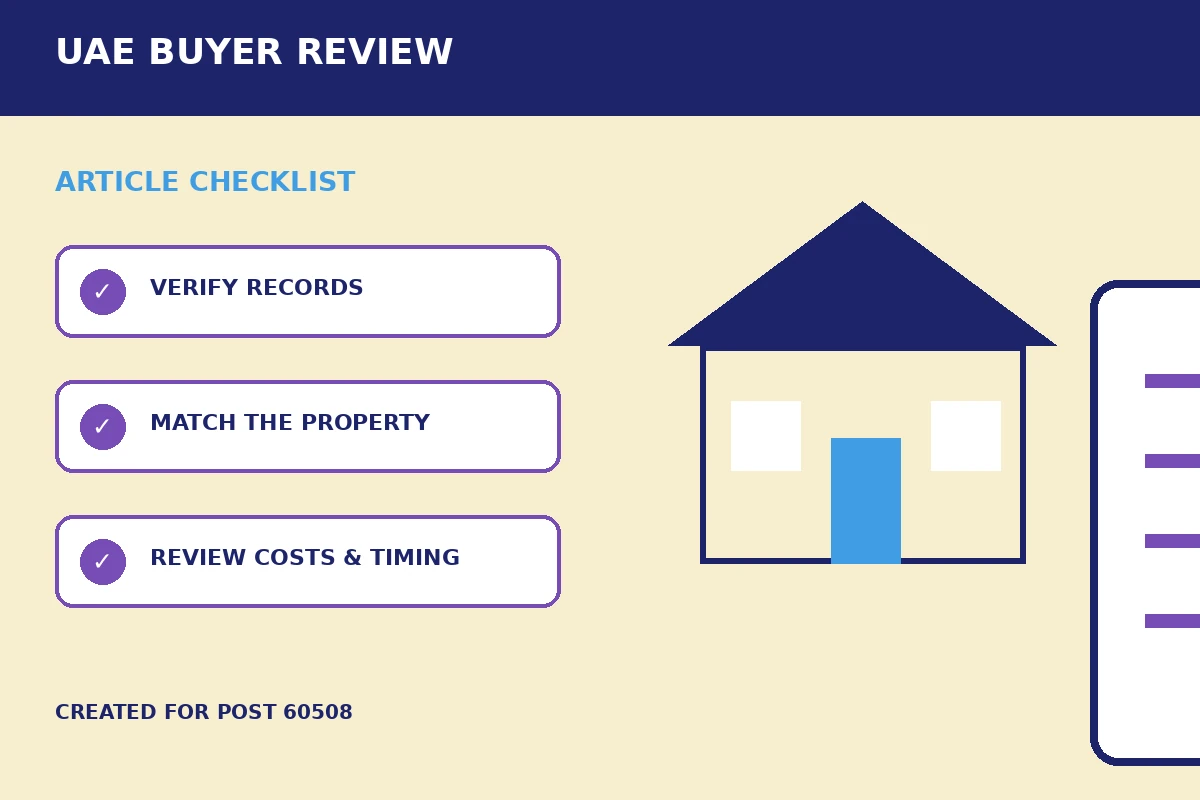 Custom editorial illustration for Broker Verification Checks Before Buying Property in the UAE, showing a property document and verification checklist