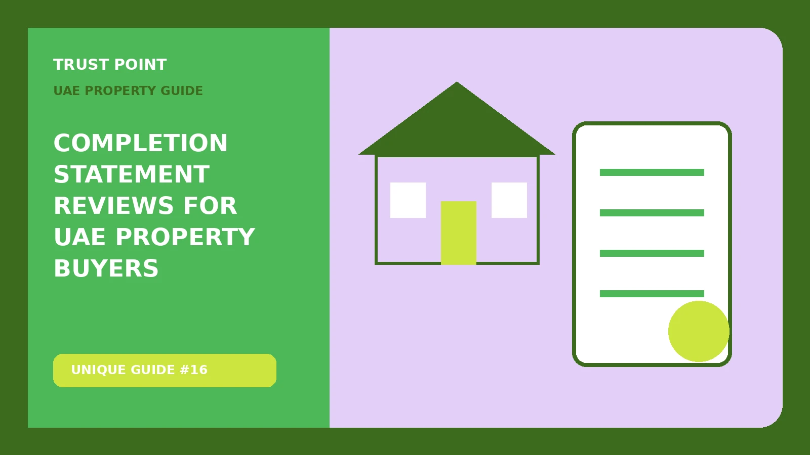 Custom editorial illustration for Completion Statement Reviews for UAE Property Buyers, showing a property document and verification checklist