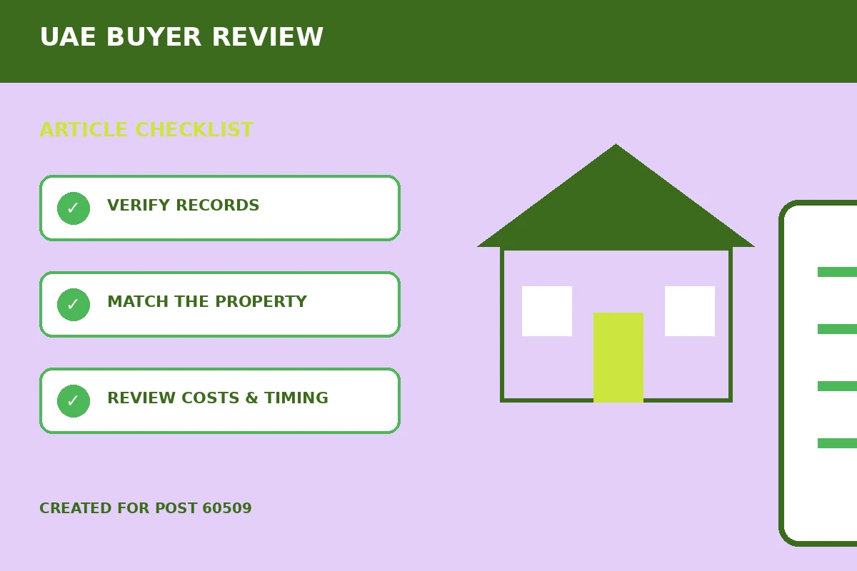 Custom editorial illustration for Completion Statement Reviews for UAE Property Buyers, showing a property document and verification checklist